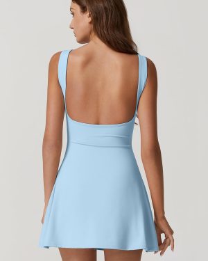 Womens Open Back Tennis Dress Sleeveless Built in Shorts Golf Athletic Dress with Pockets