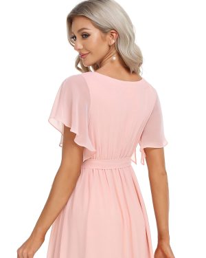 Women's Bridesmaid Dress V-Neck Ruffle Sleeves Ruched Bust Floor Length Chiffon Formal Dresses 0164A