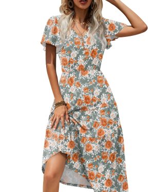 Women's Summer Casual Dress Flutter Short Sleeve V Neck Button Down Tiered Flowy Long Dress with Pockets