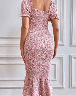 Summer Floral Bodycon Midi Dresses 2025 Puff Sleeve Mermaid Cocktail Baby Shower Photoshoot Maternity Dress