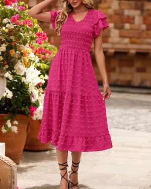 Women Casual Summer Short Ruffles Tiered Sleeve Smocked Midi Dresses Bohemian Floral V Neck Wedding Guest Long Dresses