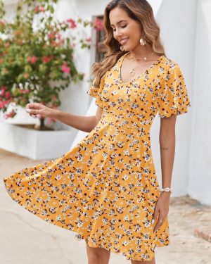 Womens Summer Dress Casual Swing Floral Ruffle Short Sleeve Sundresses Beach Mini A-line Shift Dress 2025 with Pockets