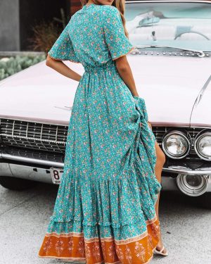 Womens Summer Cotton Short Sleeve V Neck Floral Print Casual Bohemian Midi Dresses