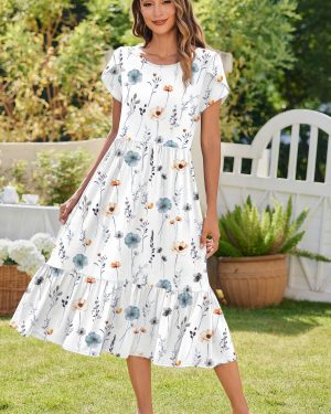 Women Summer Midi A Line Dress Short Sleeve Casual Flowy Tiered Beach Long Sundress with Pockets 2025 Vacation Travel