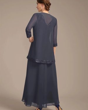 2 Pieces Lace Appliques Mother of The Bride Dresses for Wedding 3/4 Sleeve V-Neck Formal Evening Gowns with Pockets