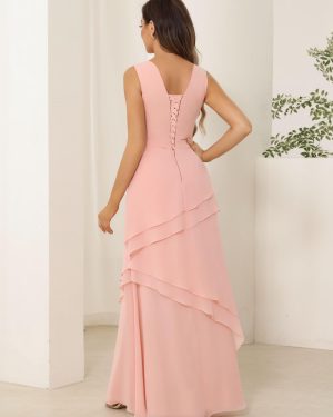 2 Pieces Mother of The Bride Dresses with Jacket Long Sleeve Chiffon Long Formal Dress with Ruffles YO169