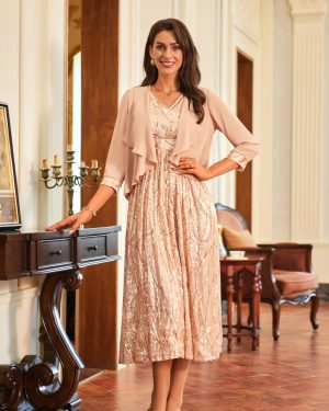 2024 Women's Two Piece Sequin Dress with Jacket Mother of The Bride Dresses Homecoming Wedding Guest Dresses